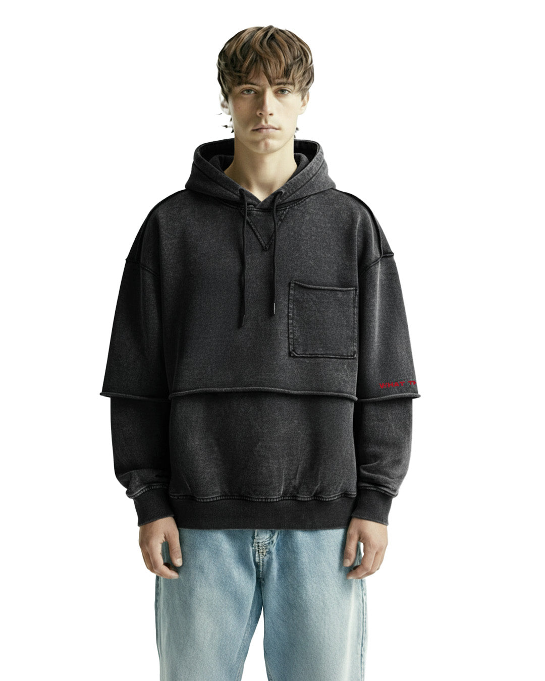 UrbanDrip Washed Black Oversized Layered Hoodie | Premium Vintage Streetwear Hoodie