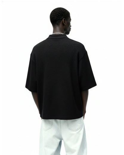 UrbanDrip Men's Oversized Half-Zip Waffle Knit Polo T-Shirt | Premium Black Streetwear