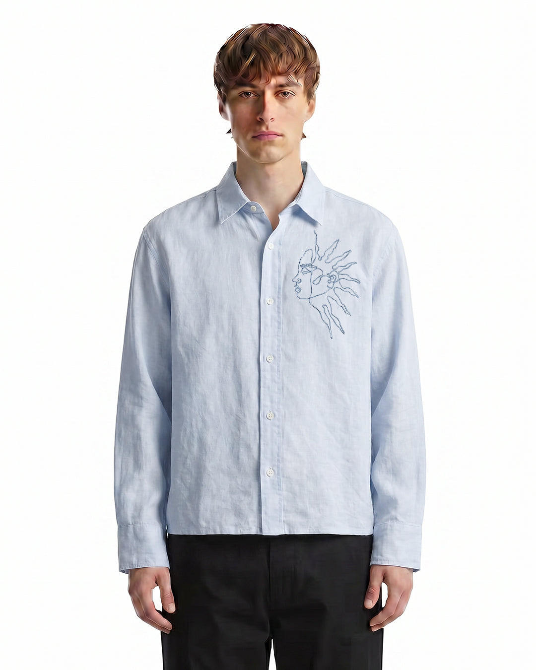 UrbanDrip Men's Oversized Moon Graphic Linen Shirt | Premium Sky Blue Streetwear