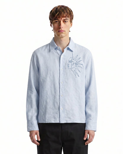 UrbanDrip Men's Oversized Moon Graphic Linen Shirt | Premium Sky Blue Streetwear