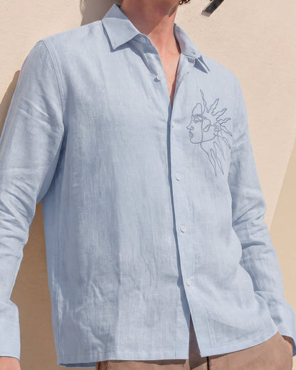 UrbanDrip Men's Oversized Moon Graphic Linen Shirt | Premium Sky Blue Streetwear