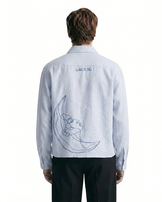 UrbanDrip Men's Oversized Moon Graphic Linen Shirt | Premium Sky Blue Streetwear