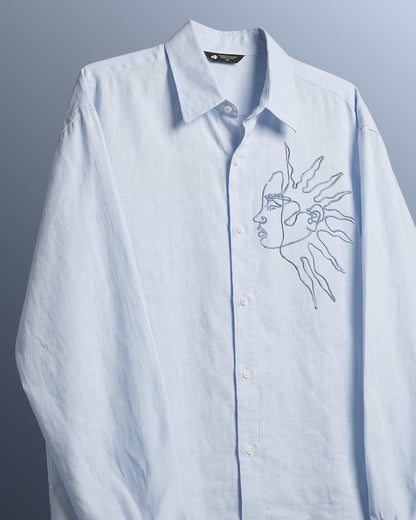 UrbanDrip Men's Oversized Moon Graphic Linen Shirt | Premium Sky Blue Streetwear