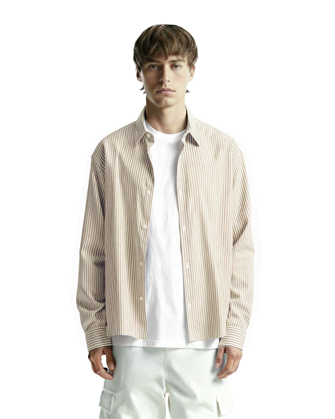 UrbanDrip Men's Oversized Beige Pinstripe Cotton Shirt | Premium Casual Streetwear