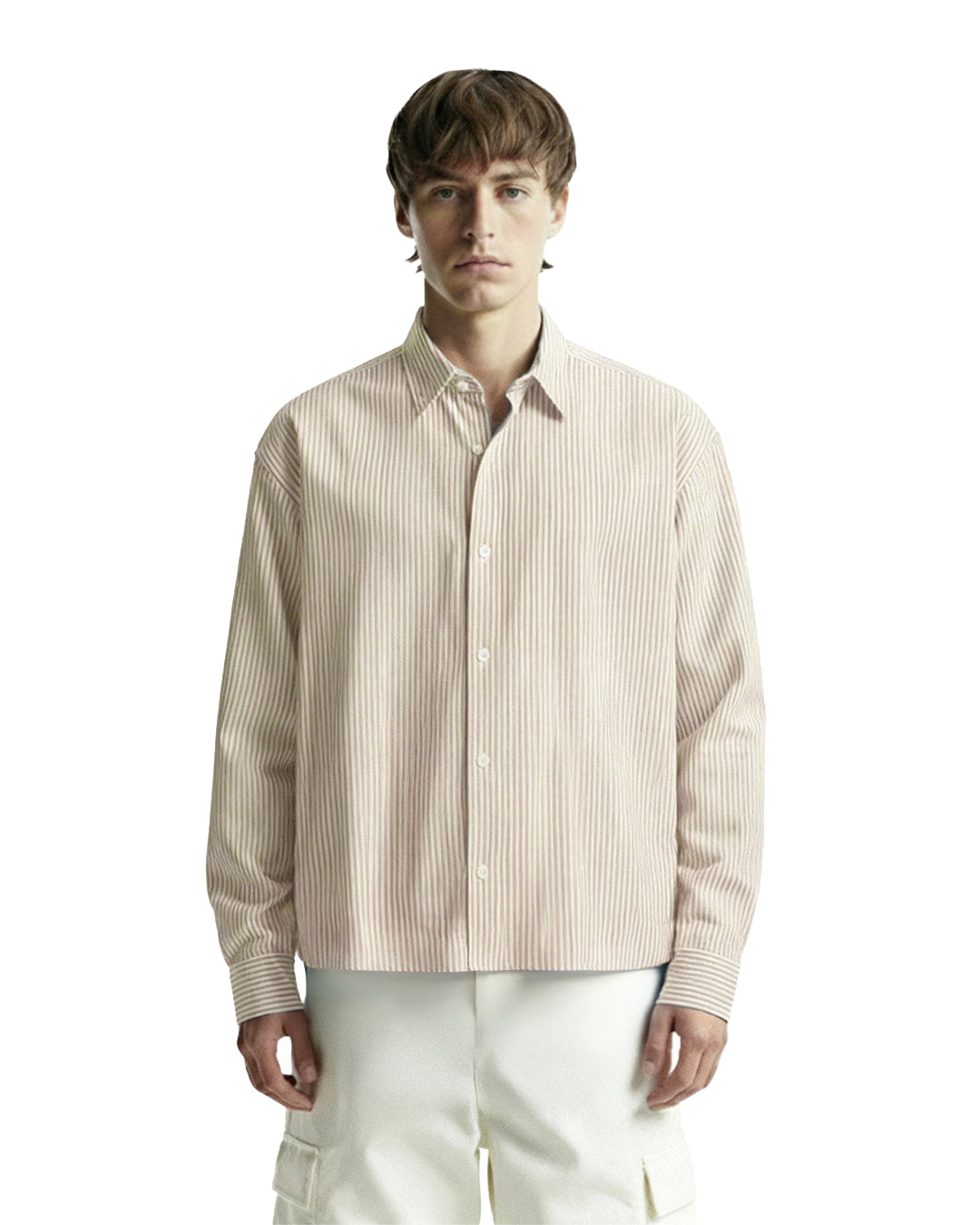 UrbanDrip Men's Oversized Beige Pinstripe Cotton Shirt | Premium Casual Streetwear
